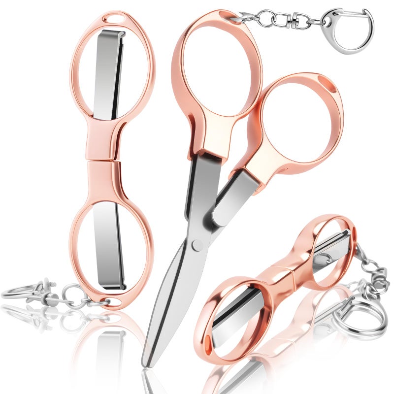 Hapdream 3 Pcs Folding Stainless Steel Portable Mini Badge Scissors with 3 Keychains, Safety Foldable Pocket Travel Small Scissors All Purpose for Nurse Accessories, Travel, Office, Craft, Sewing (Rose Gold) - Image 1