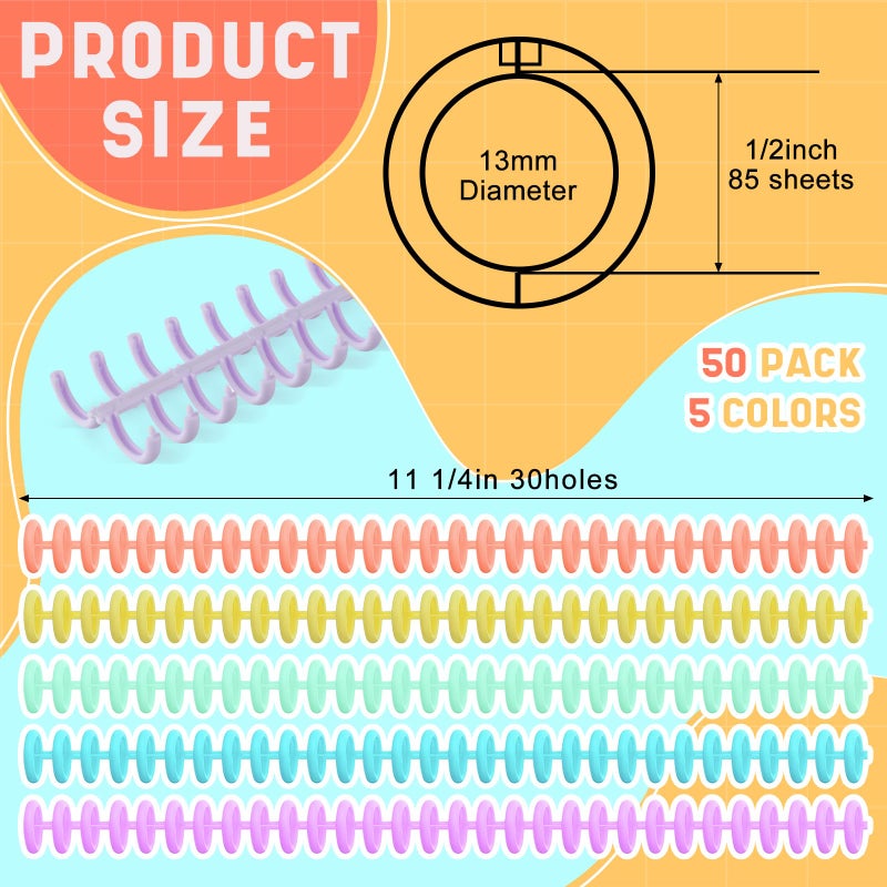Skyygemm 50 Pcs Comb Binding Spines 1/2" Diameter 30 Ring Plastic Binder Combs and Spines Binding Easy Edit Spines for Teacher Student Document Notebook File Making, 85 Sheet Capacity, 5 Colors - Image 2