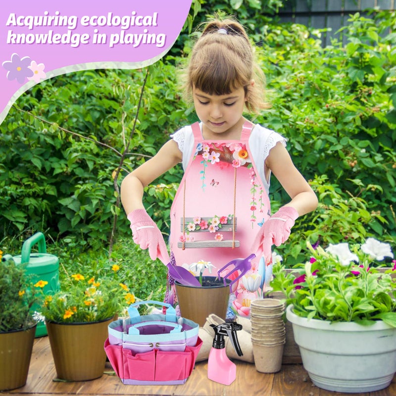 Acostop Kids Gardening Tool Set - Garden Tools for Kids with Shovel Trowel Rake Apron Gloves Watering Can and Tote Bag, Outdoor Toys Great Gifts for 3 4 5 6 7 8+ Years Old Girls (Flower Style) - Image 2
