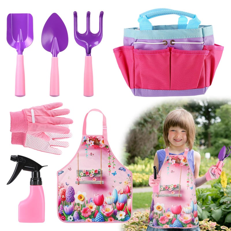 Acostop Kids Gardening Tool Set - Garden Tools for Kids with Shovel Trowel Rake Apron Gloves Watering Can and Tote Bag, Outdoor Toys Great Gifts for 3 4 5 6 7 8+ Years Old Girls (Flower Style) - Image 1