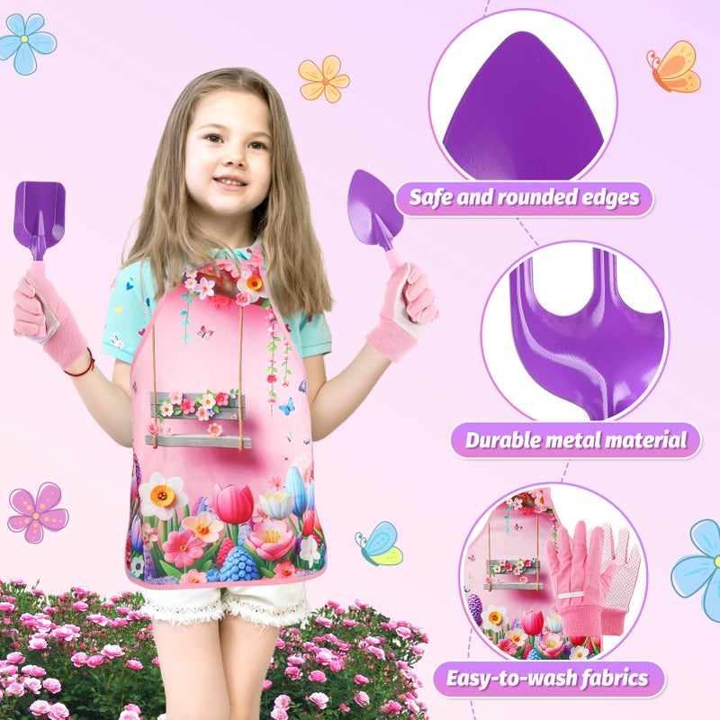 Acostop Kids Gardening Tool Set - Garden Tools for Kids with Shovel Trowel Rake Apron Gloves Watering Can and Tote Bag, Outdoor Toys Great Gifts for 3 4 5 6 7 8+ Years Old Girls (Flower Style) - Image 4