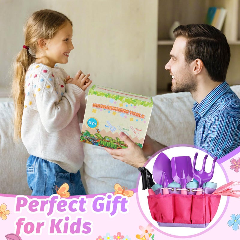Acostop Kids Gardening Tool Set - Garden Tools for Kids with Shovel Trowel Rake Apron Gloves Watering Can and Tote Bag, Outdoor Toys Great Gifts for 3 4 5 6 7 8+ Years Old Girls (Flower Style) - Image 5