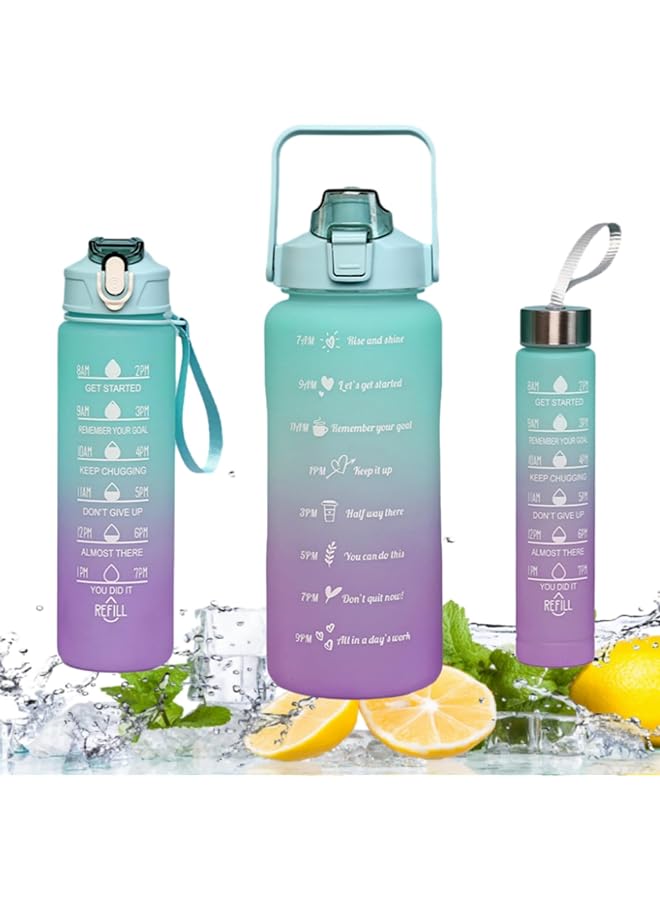 Zaboon Bottles Set Of 3 2000Ml+900Ml+500Ml Bpa Free Motivational Sports Water Bottle With Straw Time Capacity Marker Large Gym Cycling Water Bottle Cup Jug For Kids School Fitness - Image 1