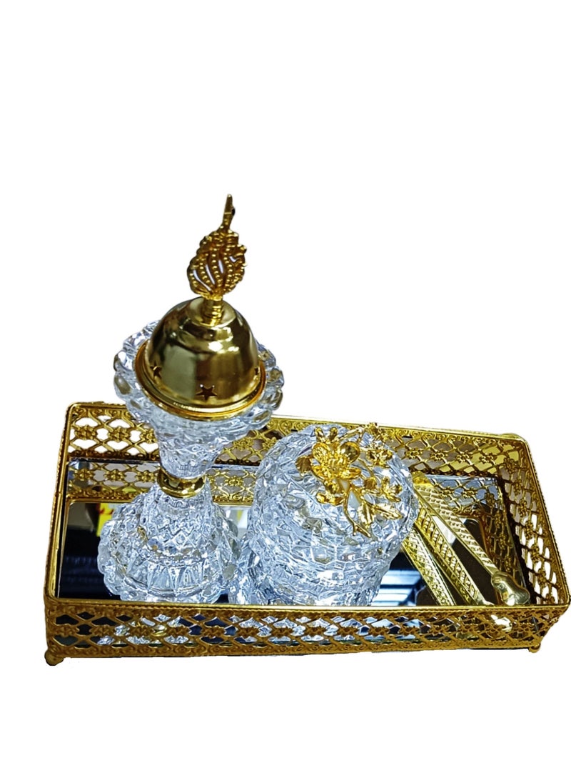 SAQOWARE - Premium Luxury Crystal Bakhoor Burner, Holder,Tong,Fragrence Bottle and Gold Glass Basket Holder for Home,Decor and Weding Gift, Bakhoor Charcoal Burner,Madkhan,Mabkhara,Arabian Fragrance Sett - Image 1
