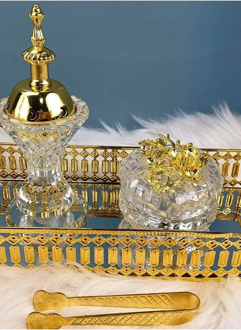 SAQOWARE - Premium Luxury Crystal Bakhoor Burner, Holder,Tong,Fragrence Bottle and Gold Glass Basket Holder for Home,Decor and Weding Gift, Bakhoor Charcoal Burner,Madkhan,Mabkhara,Arabian Fragrance Sett - Image 1