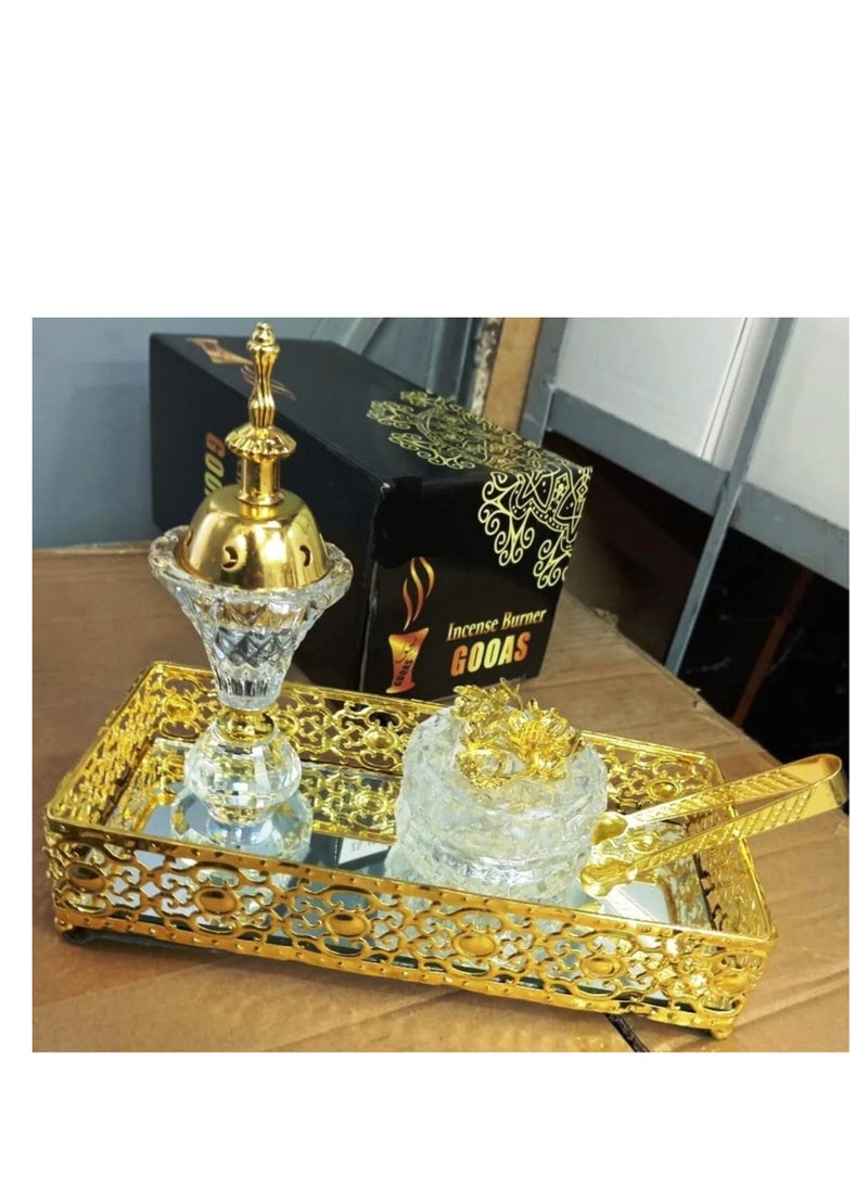 SAQOWARE - Premium Luxury Crystal Bakhoor Burner, Holder,Tong,Fragrence Bottle and Gold Glass Basket Holder for Home,Decor and Weding Gift, Bakhoor Charcoal Burner,Madkhan,Mabkhara,Arabian Fragrance Sett - Image 1