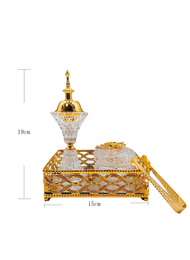 SAQOWARE - Premium Luxury Crystal Bakhoor Burner, Holder,Tong,Fragrence Bottle and Gold Glass Basket Holder for Home,Decor and Weding Gift, Bakhoor Charcoal Burner,Madkhan,Mabkhara,Arabian Fragrance Sett - Image 1