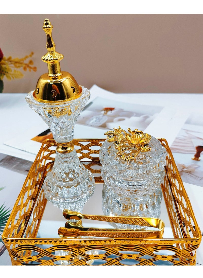 SAQOWARE - Premium Luxury Crystal Bakhoor Burner, Holder,Tong,Fragrence Bottle and Gold Glass Basket Holder for Home,Decor and Weding Gift, Bakhoor Charcoal Burner,Madkhan,Mabkhara,Arabian Fragrance Sett - Image 1