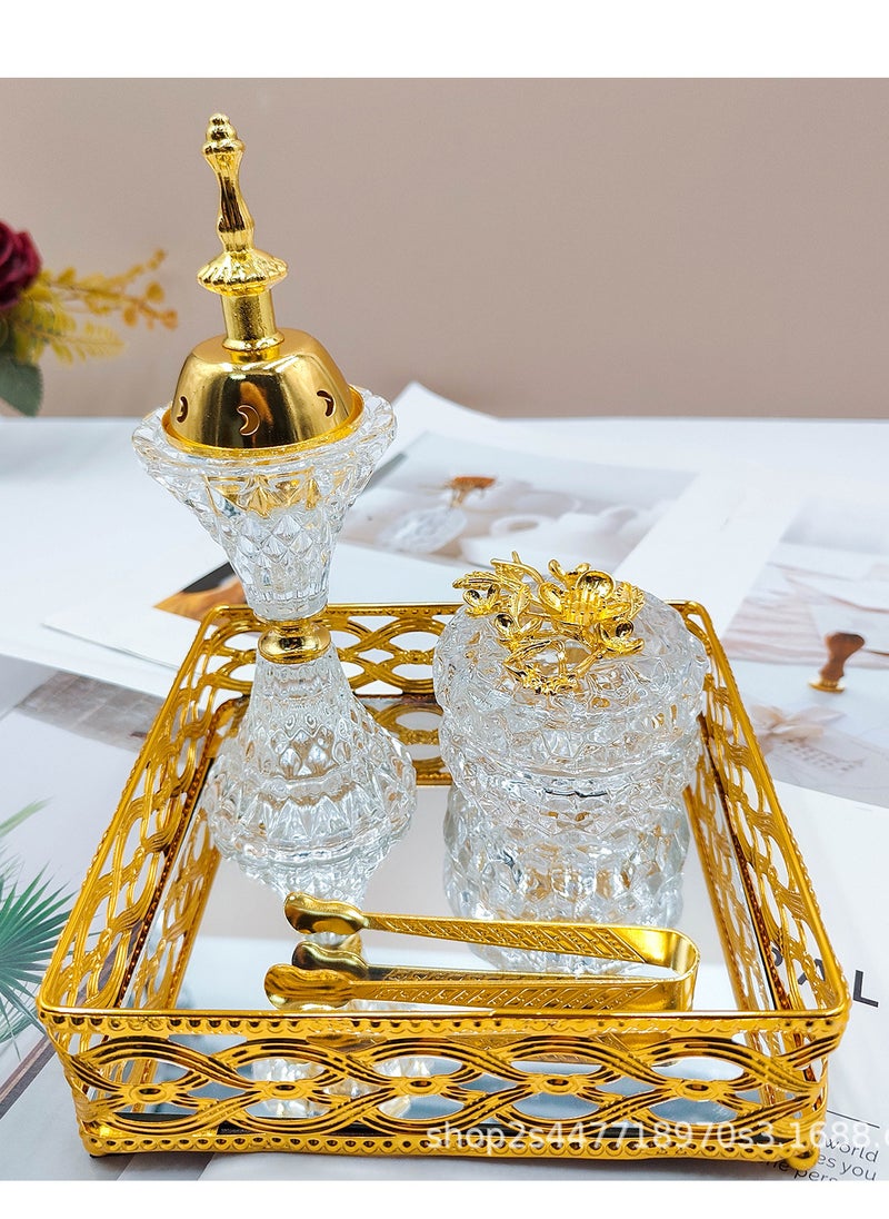 SAQOWARE - Premium Luxury Crystal Bakhoor Burner, Holder,Tong,Fragrence Bottle and Gold Glass Basket Holder for Home,Decor and Weding Gift, Bakhoor Charcoal Burner,Madkhan,Mabkhara,Arabian Fragrance Sett - Image 1