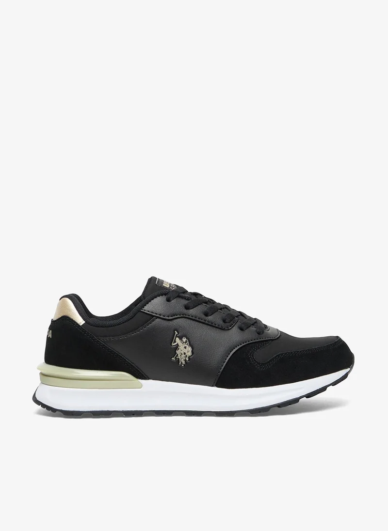 Women's Black Low-Top Sneakers with Gold Heel Accent - Casual Lace-Up Design Shoes with Comfort Cushioned Sole for Everyday Style