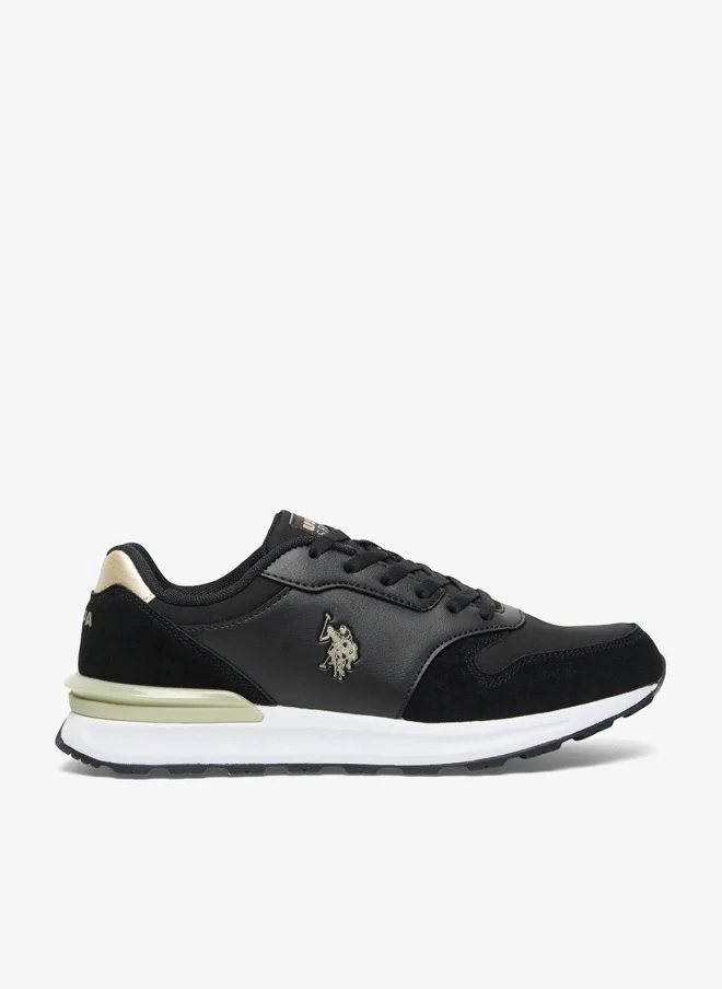 U.S. Polo Assn. Women's Black Low-Top Sneakers with Gold Heel Accent - Casual Lace-Up Design Shoes with Comfort Cushioned Sole for Everyday Style