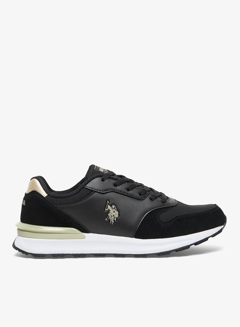 U.S. Polo Assn. Women's Black Low-Top Sneakers with Gold Heel Accent - Casual Lace-Up Design Shoes with Comfort Cushioned Sole for Everyday Style