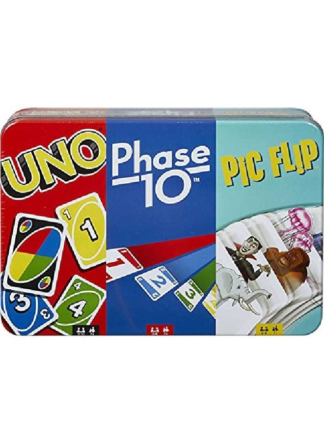 Mattel Games Uno, Phase 10 And Pic Flip Bundle Tin, 3 Mattel Card Games For Players 7 Year Olds & Up, Decorative Storage Tin, Gift For Kid, Family & Adult Game Night 7 Years & Older  - Image 1