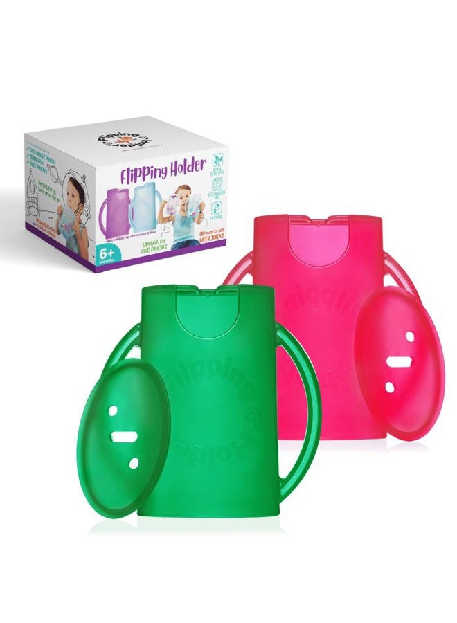 Flipping Holder DELUXE with lid for Food Pouches & Juice Boxes - Multipurpose Design with Cover - Prevent Messes & Support Self-Feeding - Handles for Easy Grasping - Made in USA (Green/Pink (2-Pack)) - Image 1