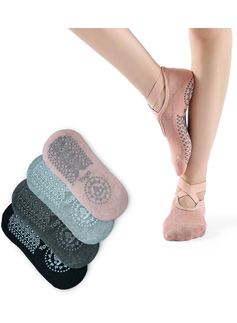 4-Pack Non-Slip Toeless Yoga Socks – Cross Back Straps & Cushioned Sole for Pilates, Barre & Fitness | Breathable Low-Cut Design (Black/Charcoal/Gray/Pink)  - Image 1