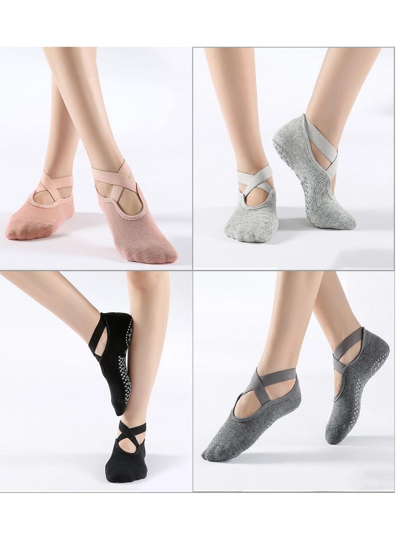 4-Pack Non-Slip Toeless Yoga Socks – Cross Back Straps & Cushioned Sole for Pilates, Barre & Fitness | Breathable Low-Cut Design (Black/Charcoal/Gray/Pink)  - Image 2