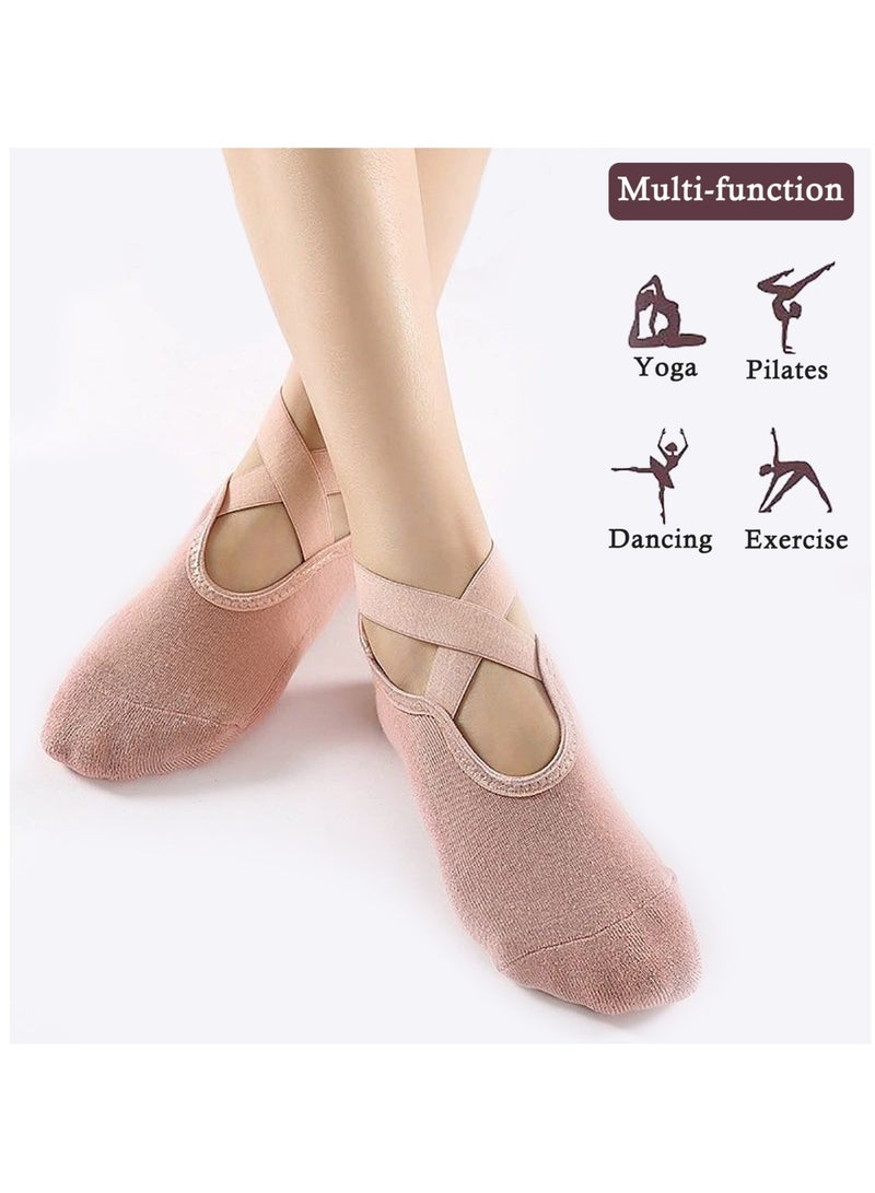 4-Pack Non-Slip Toeless Yoga Socks – Cross Back Straps & Cushioned Sole for Pilates, Barre & Fitness | Breathable Low-Cut Design (Black/Charcoal/Gray/Pink)  - Image 3