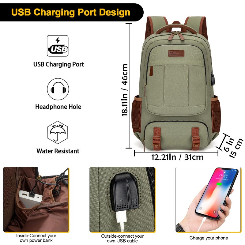 Tzowla Canvas Laptop Backpack, Bag for Men Women,Travel Work Rucksack Fits 15.6 Inch Laptop, Bookbag with USB Charging Port - Image 3