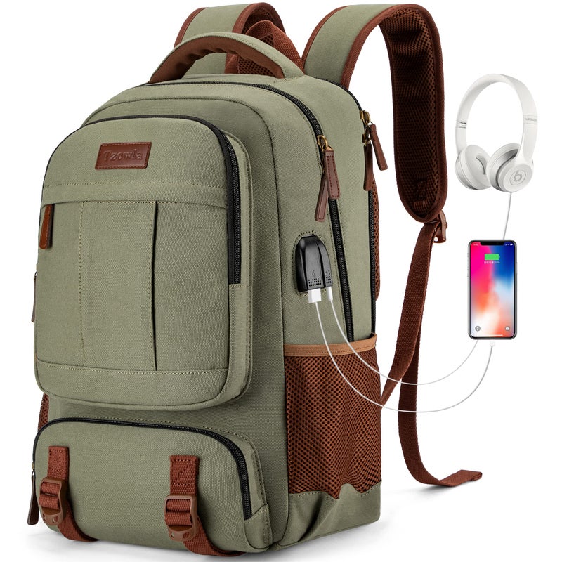 Tzowla Canvas Laptop Backpack, Bag for Men Women,Travel Work Rucksack Fits 15.6 Inch Laptop, Bookbag with USB Charging Port - Image 1