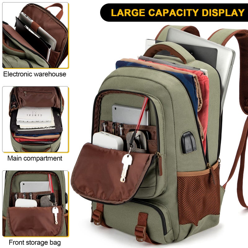 Tzowla Canvas Laptop Backpack, Bag for Men Women,Travel Work Rucksack Fits 15.6 Inch Laptop, Bookbag with USB Charging Port - Image 2