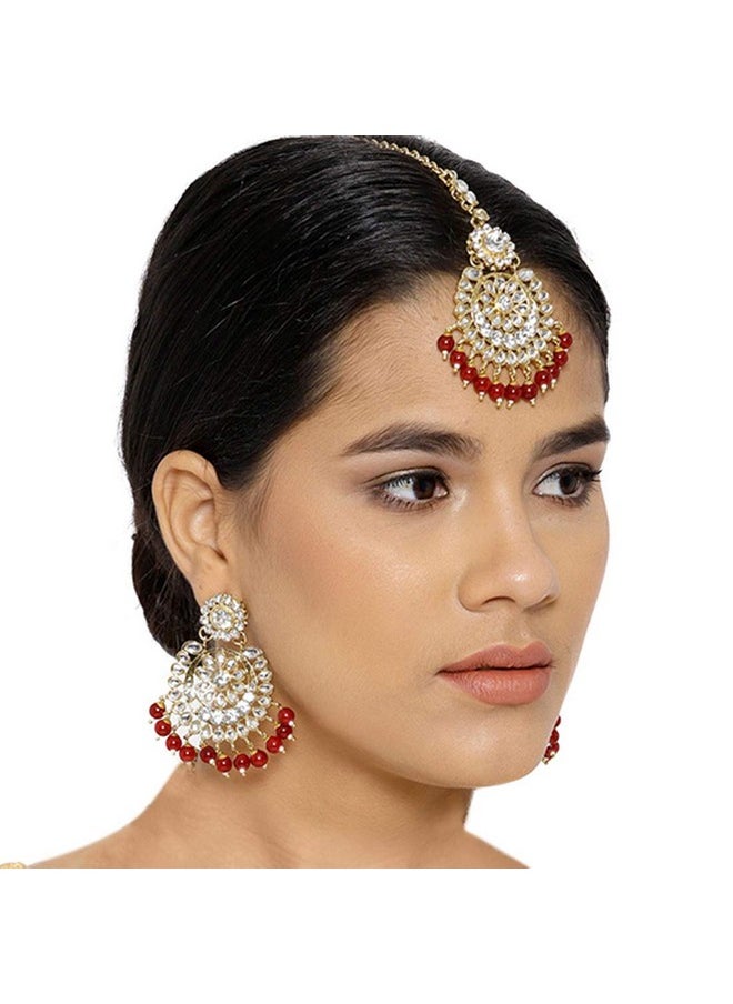 Aheli Valentines Day Gifts For Her Exquisite Design Faux Kundan Beaded Earrings Maang Tikka Set Ethnic Indian Jewelry For Women Red  - Image 2