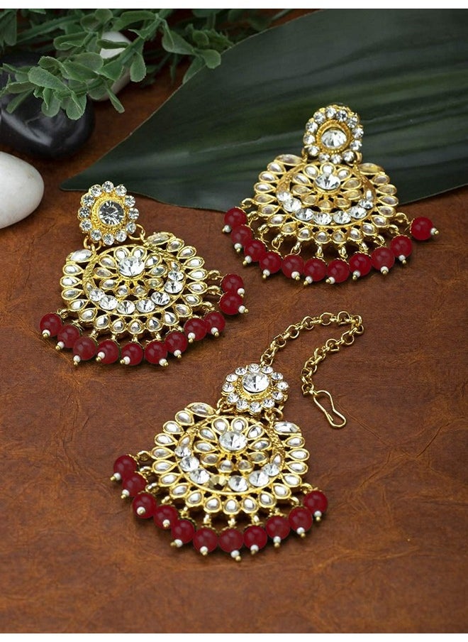 Aheli Valentines Day Gifts For Her Exquisite Design Faux Kundan Beaded Earrings Maang Tikka Set Ethnic Indian Jewelry For Women Red  - Image 3