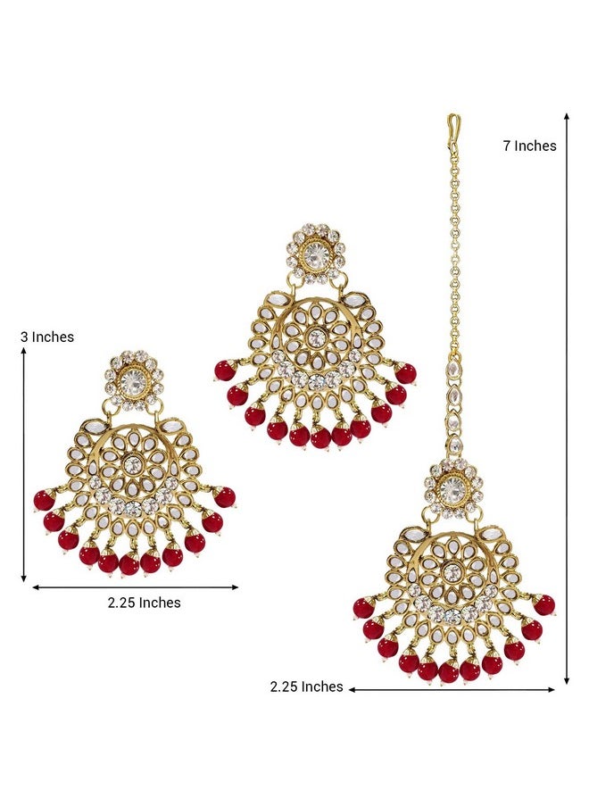 Aheli Valentines Day Gifts For Her Exquisite Design Faux Kundan Beaded Earrings Maang Tikka Set Ethnic Indian Jewelry For Women Red  - Image 4