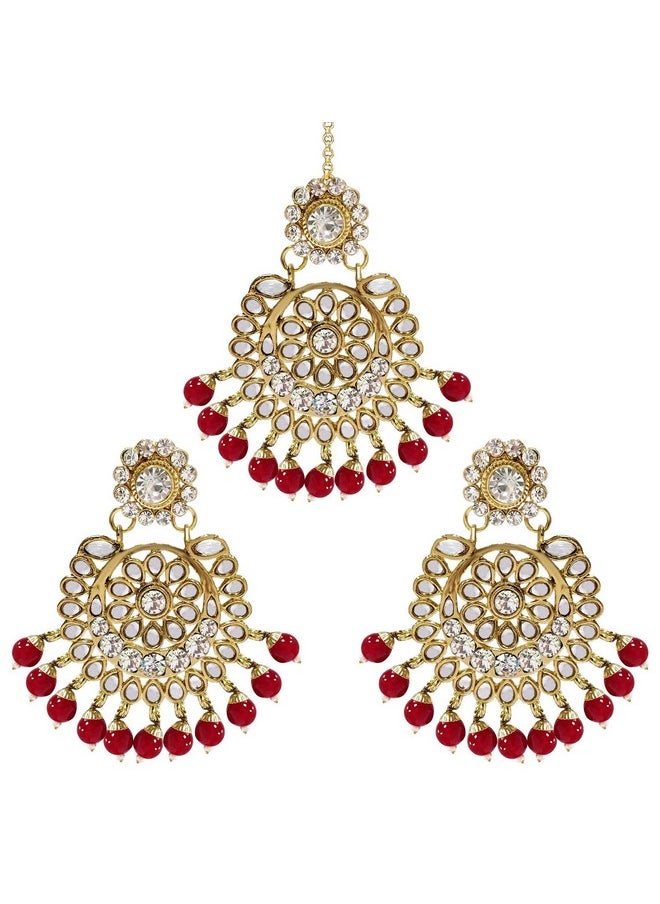 Aheli Valentines Day Gifts For Her Exquisite Design Faux Kundan Beaded Earrings Maang Tikka Set Ethnic Indian Jewelry For Women Red  - Image 1