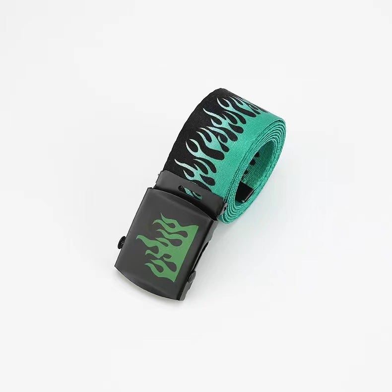 Korean Style Trendy Brand Harajuku Fashion Hip Hop Trouser Belt Trendy Unisex Canvas Belt Casual Flame Nylon Belt dark green flame