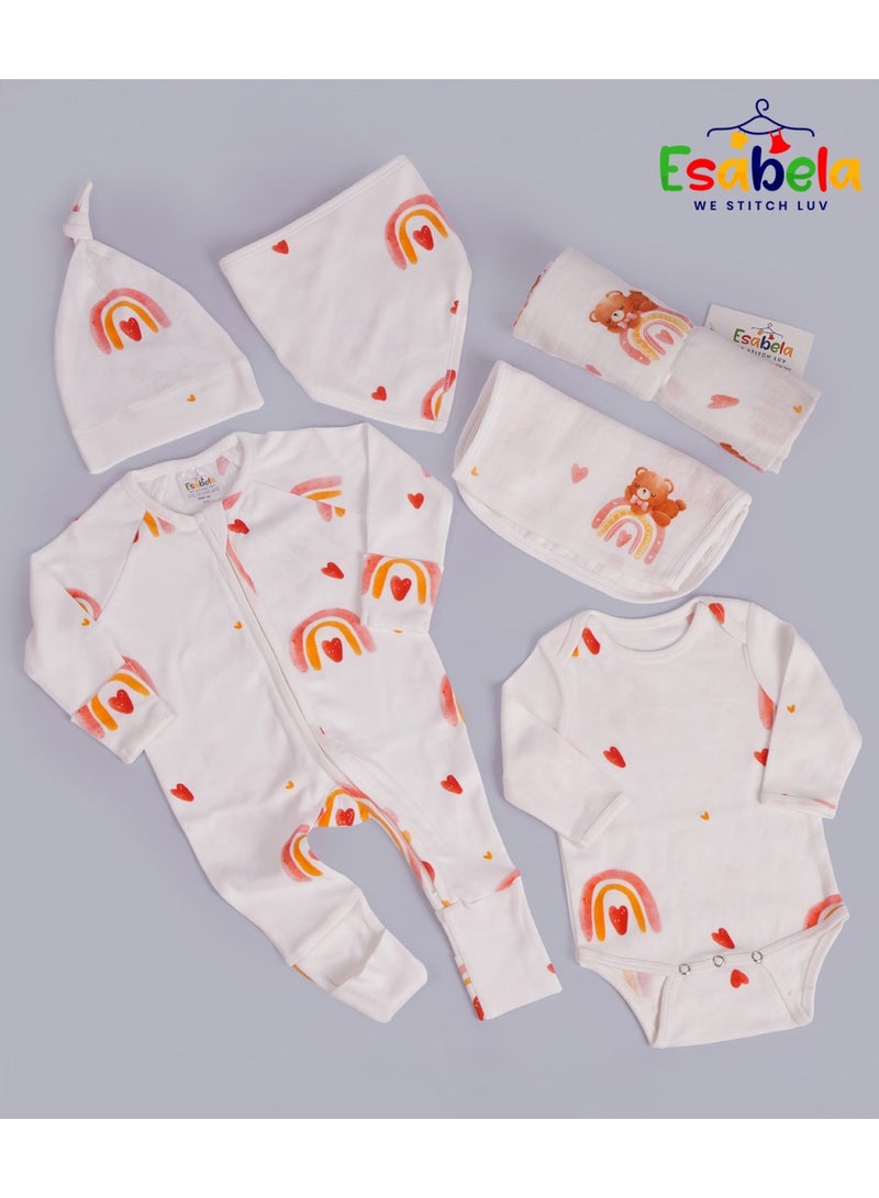 إيسابيلا طقم ملابس نوم وبدلة جسم للبنات الرضع، من القطن الناعم، مريح، جيد التهوية، ولطيف على البشرة، قماط/بدلة نوم/بدلة جسم/قطعة قماش تجشؤ/قبعة/مريلة للرضع حديثي الولادة بعمر 0+ أشهر - Image 1