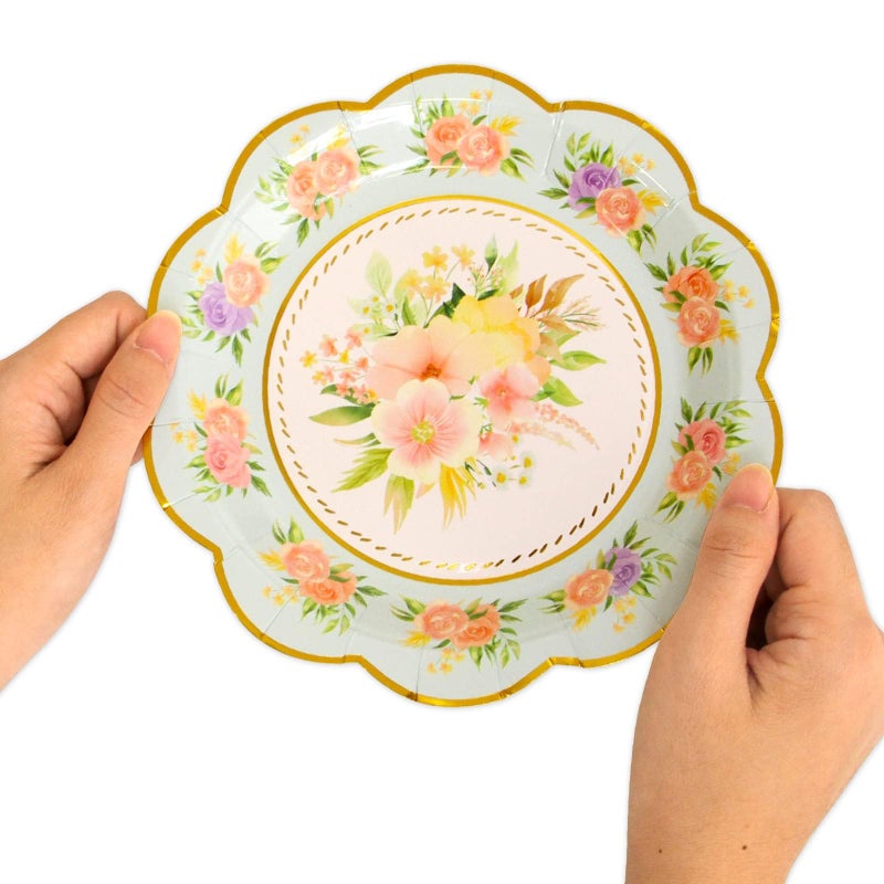 WorldBazaar Floral Paper Plates Tea Party Decorations 24 Count Gold Foil Flower Plate Disposable Dishes For Spring Party Supplies Birthday Housewarming - Image 5