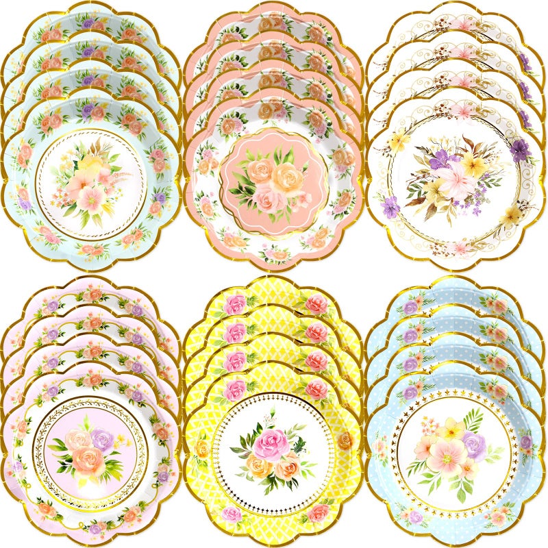 WorldBazaar Floral Paper Plates Tea Party Decorations 24 Count Gold Foil Flower Plate Disposable Dishes For Spring Party Supplies Birthday Housewarming - Image 1