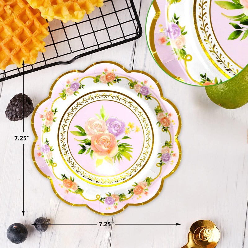 WorldBazaar Floral Paper Plates Tea Party Decorations 24 Count Gold Foil Flower Plate Disposable Dishes For Spring Party Supplies Birthday Housewarming - Image 3