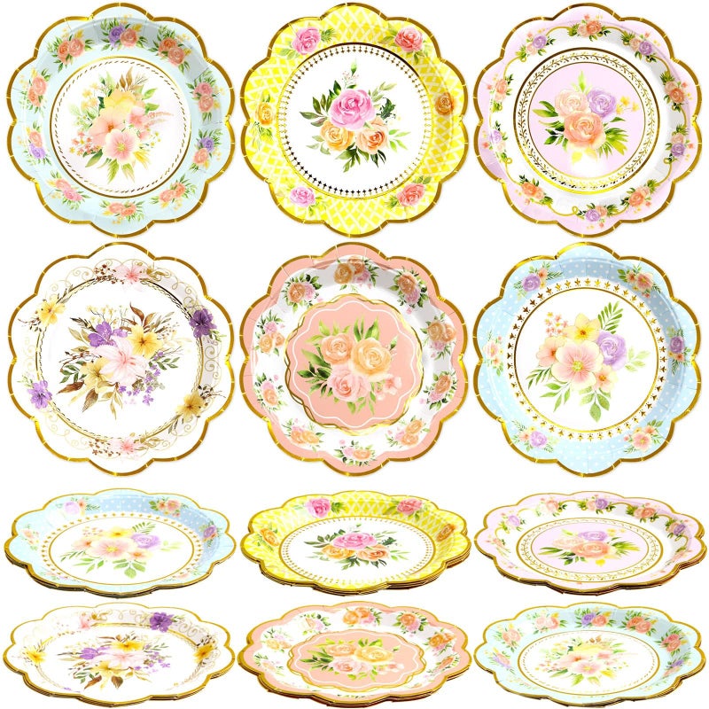 WorldBazaar Floral Paper Plates Tea Party Decorations 24 Count Gold Foil Flower Plate Disposable Dishes For Spring Party Supplies Birthday Housewarming - Image 2