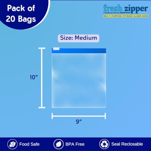 GREENTWISH Fresh Zipper (Pack of 20) Storage Slider Bags, Freezer and Microwave Safe, Reusable LDPE, Transparent, Travel Packing, Ziplock Vegetable Fridge Food Bag | Size: 9 x 10 Inch (Medium) - Image 2