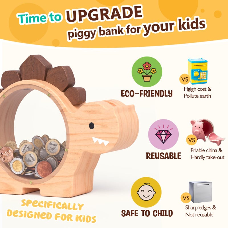 Summidate Wooden Dinosaur Piggy Bank for Kids Boys, Cute Wood Dino Money Bank for Toddlers, Creative Saving Coin Jar, Personalized Present for Child Birthday & Decor (Natrul Wood, Standard) - Image 3