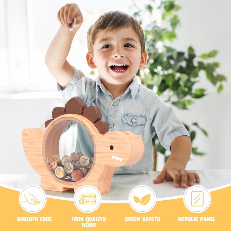 Summidate Wooden Dinosaur Piggy Bank for Kids Boys, Cute Wood Dino Money Bank for Toddlers, Creative Saving Coin Jar, Personalized Present for Child Birthday & Decor (Natrul Wood, Standard) - Image 4