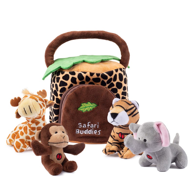 Plush Creations Talking Plush Jungle Animals Set: 4 Soft Safari Toys - Elephant, Monkey, Giraffe, Tiger & Jungle House Carrier - Image 1