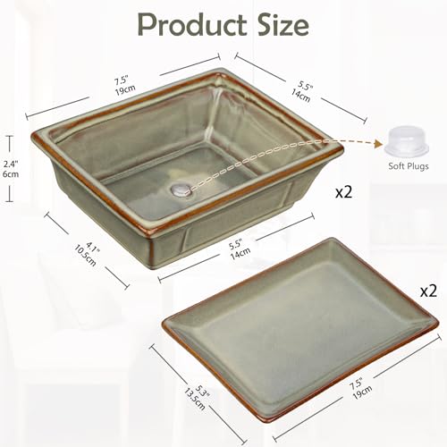 Villa Como Ceramic Bonsai Pots with Drainage Tray, Set of 2 Rectangular Glazed Bonsai Planters for Indoor/Outdoor Use, Shallow Brown Bonzai Tree Pots for Succulent, Orchids, Cacti, Home, Patio, Garden, 7.5"x5.5" - Image 2