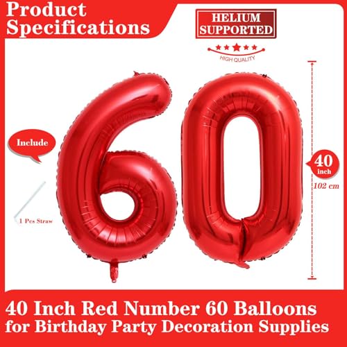 Lovoir Red 60 Number Balloons 40 Inch Giant Number 60 Balloons Foil Mylar Helium Red Number Balloons for 60th Birthday Party Supplies Anniversary Event Celebration Decorations - Image 5
