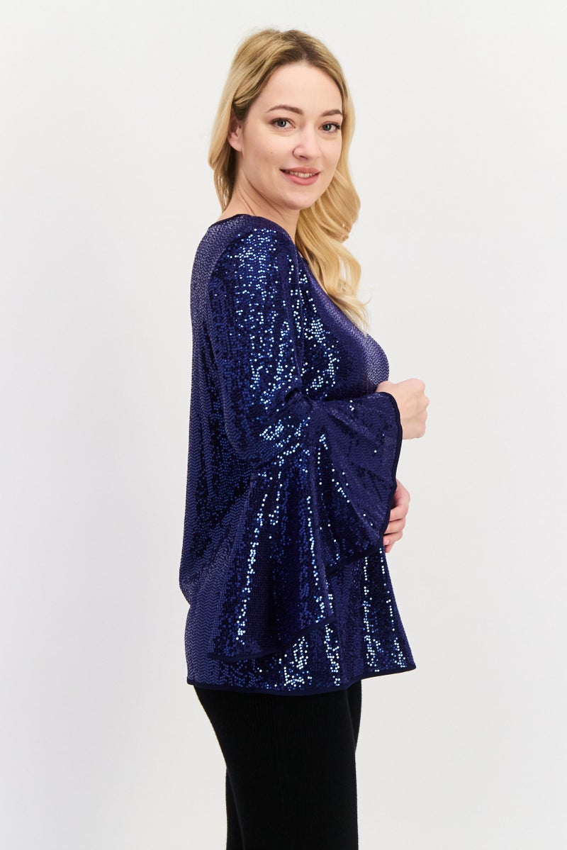 VINCE CAMUTO Women Boat Neck Flutter Sleeves Metallic Blouse, Navy Blue - Image 2