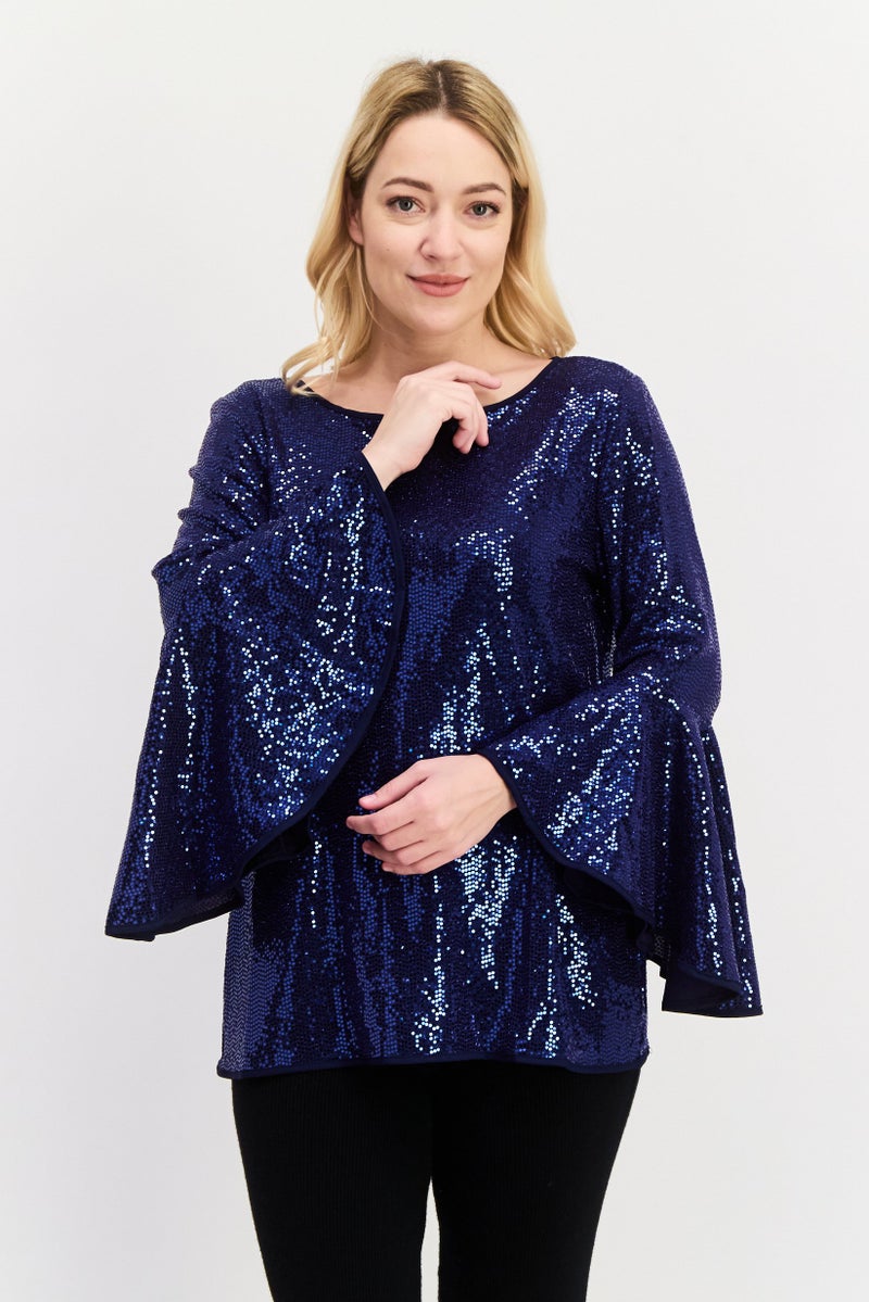 VINCE CAMUTO Women Boat Neck Flutter Sleeves Metallic Blouse, Navy Blue - Image 1