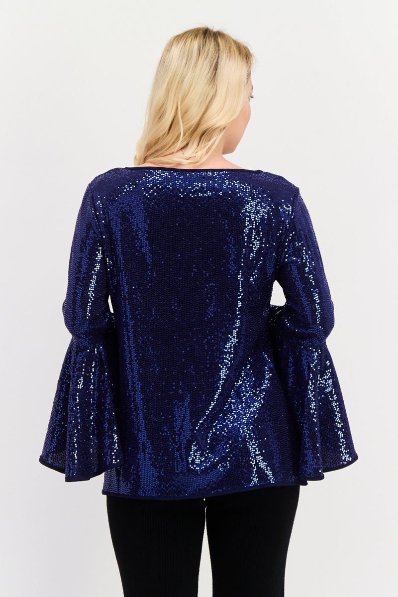 VINCE CAMUTO Women Boat Neck Flutter Sleeves Metallic Blouse, Navy Blue - Image 3