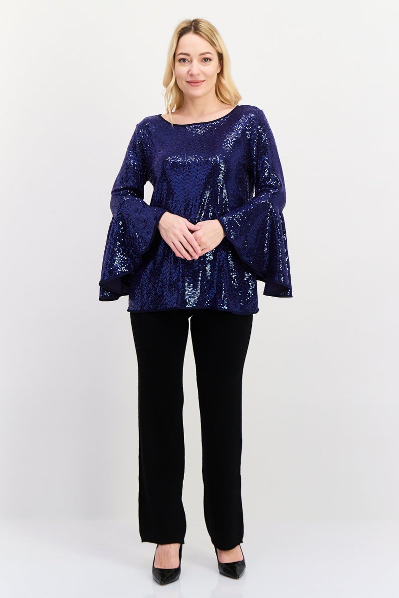 VINCE CAMUTO Women Boat Neck Flutter Sleeves Metallic Blouse, Navy Blue - Image 4