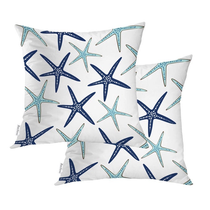 COASTAL NAUTICAL PILLOW COVERS COASTAL NAUTICAL STARFISH REPEAT PATTERN NAVY BLUE SQUARE 20 X 20 INCHES DECORATIVE THROW PILLOW COVERS COTTON CUSHION FOR SOFA BEDROOM CAR BLUE 07 SET OF 2