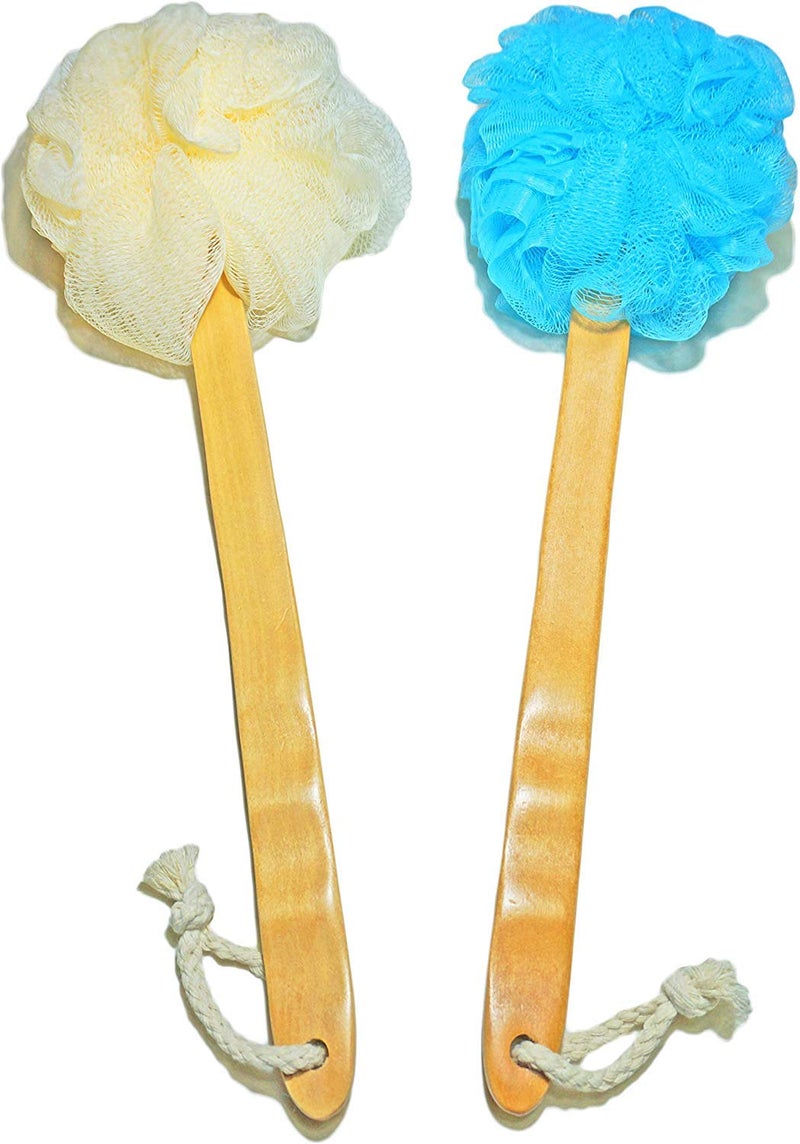 JINS-Hung 2-Pack Shower Loofah Body & Back Scrubber - Exfoliating Loofah luffa loofa Bath Brush On a Stick - with Long Wooden Handle Back Brush for Men & Women - Easy Reach Body Wash & Lotion Applicator - Image 1