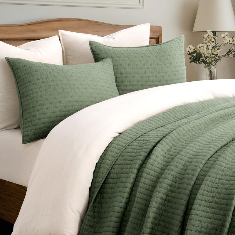 EVERGRACEHOME EVERGRACE Cross Stitch Pre-Washed Cotton Quilt Bedding Set Queen Size, Oversized 3 Pieces Lightweight Bedspread Coverlet for All Season, with 2 Matching Shams, Olive Green, 92"x96" - Image 2