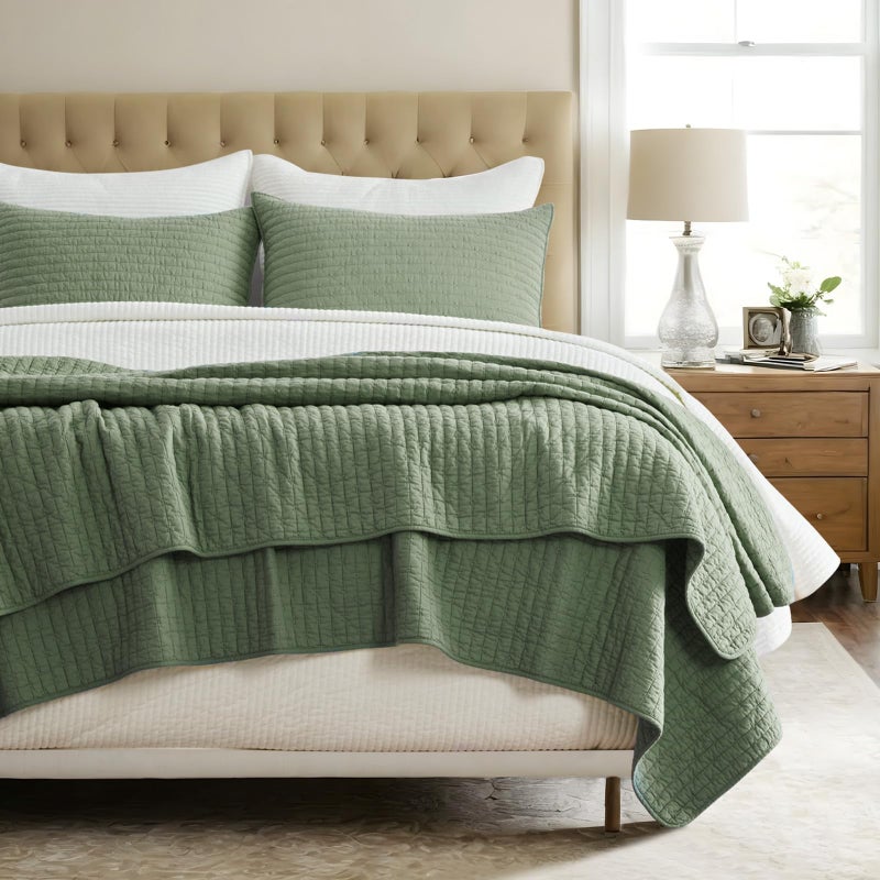 EVERGRACEHOME EVERGRACE Cross Stitch Pre-Washed Cotton Quilt Bedding Set Queen Size, Oversized 3 Pieces Lightweight Bedspread Coverlet for All Season, with 2 Matching Shams, Olive Green, 92"x96" - Image 5