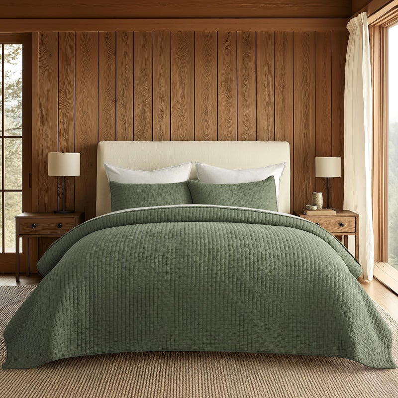 EVERGRACEHOME EVERGRACE Cross Stitch Pre-Washed Cotton Quilt Bedding Set Queen Size, Oversized 3 Pieces Lightweight Bedspread Coverlet for All Season, with 2 Matching Shams, Olive Green, 92"x96" - Image 1