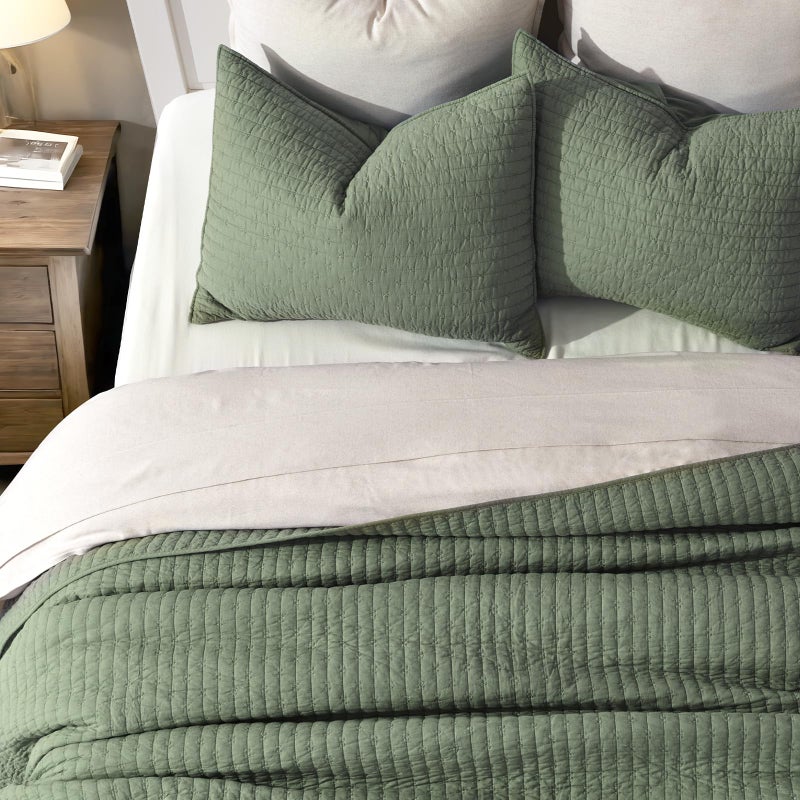 EVERGRACEHOME EVERGRACE Cross Stitch Pre-Washed Cotton Quilt Bedding Set Queen Size, Oversized 3 Pieces Lightweight Bedspread Coverlet for All Season, with 2 Matching Shams, Olive Green, 92"x96" - Image 4